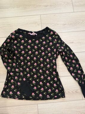 Victoria's Secret Black Long-Sleeve Top with Pink Rose Print